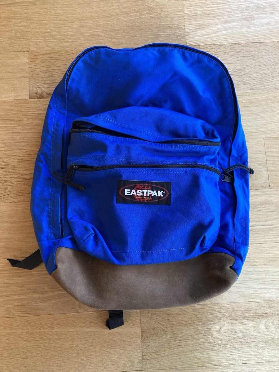 Vintage Eastpak Backpack Made In USA Blue Leather Bottom 
