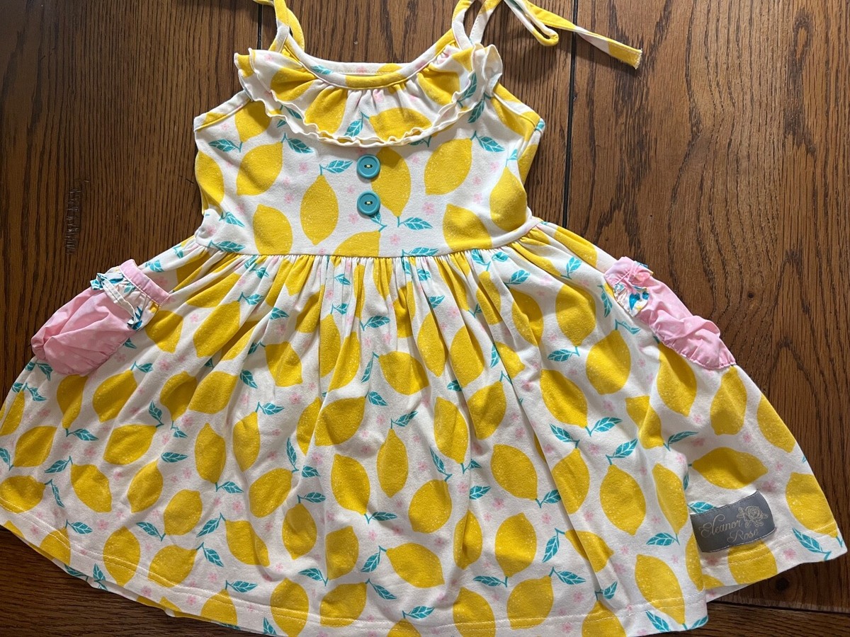 Eleanor Rose Lemon Print Judy Dress EUC Girls Pockets Size 4-5