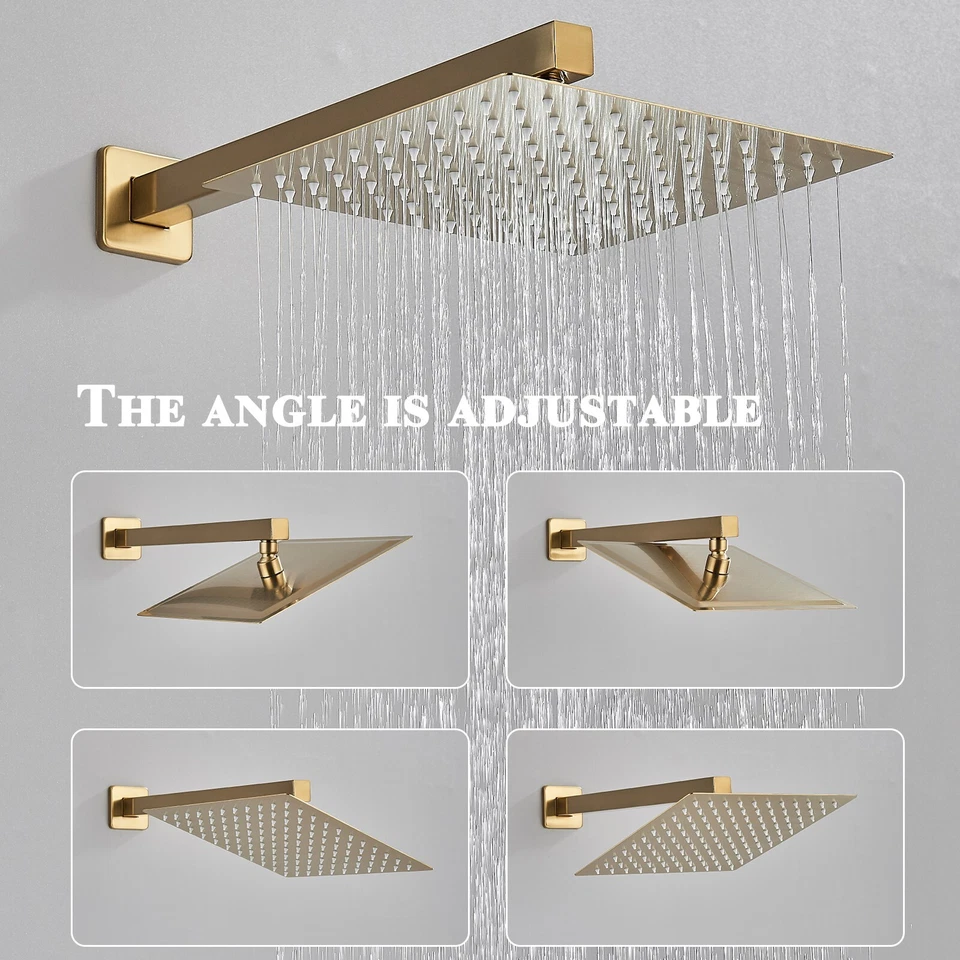 Juego de grifo de ducha dorado cepillado sistema de cabezal de lluvia de 12 pulgadas con kit de válvula montaje en pared Foto 4 de 4