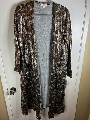 NWT LULAROE SARAH Long Cardigan Elegant Silver Gold Feather Aztec Duster Size M