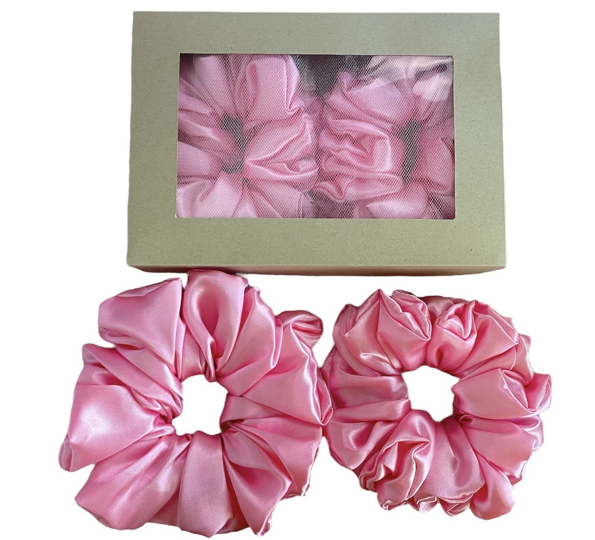 2pcs Pink Satin Scrunchie with Taupe Flower Hair Clip Deluxe Scrunchie Satin - Hair Accessories - Pink – AfricanFabs main image 4