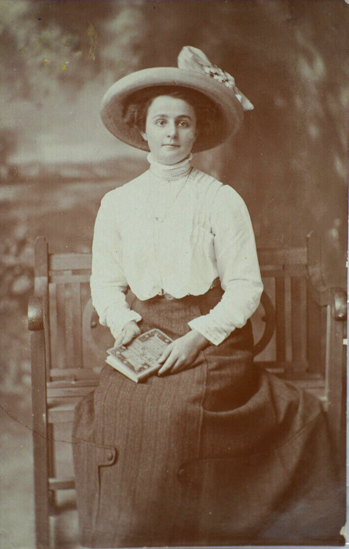 Postcard Woman Lady Portrait Hairstyle Chair Book Hat Edwardian Fashion RPPC
