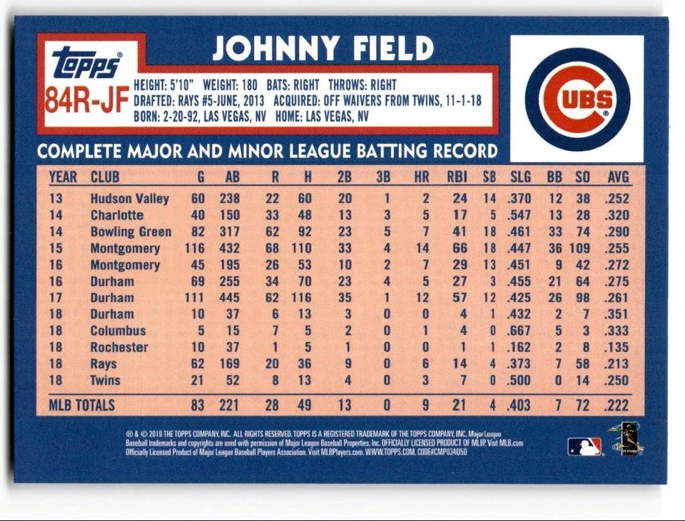 2019 Topps 1984 Johnny Field Rookie #84R-JF Chicago Cubs - Image 2 of 2