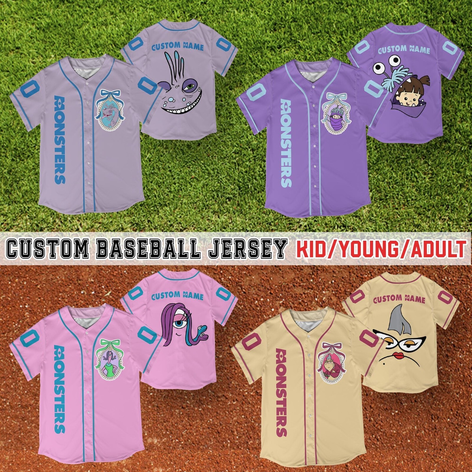 Custom Mike & Sulley Monster Inc Disney Baseball Jersey for Kids and Adults  
