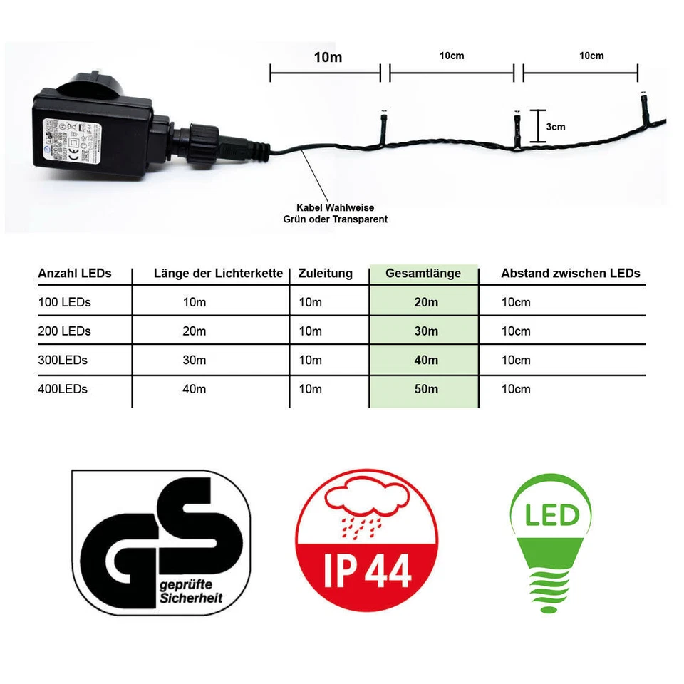 LED Lichterkette 10 - 600 Weihnachtsbeleuchtung Innen & Außen Garten Deko Trafo - Bild 3 von 4