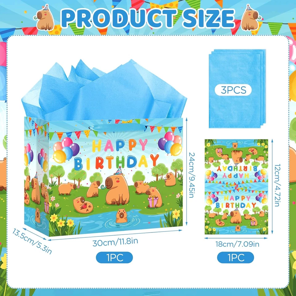 大号 Capybara 生日礼品袋,可爱 Capybara 包装纸袋黄色 Capybar — 第 2/4 张图片