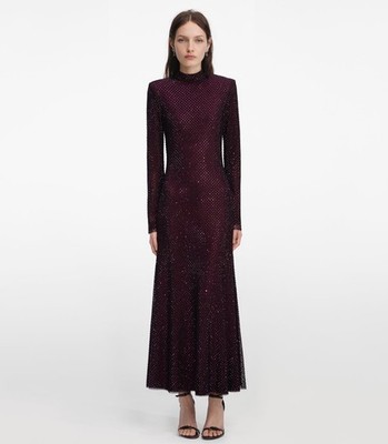 Self portrait BURGUNDY RHINESTONE FISHNET MIDI DRESS $ 895 US 6 UK 10