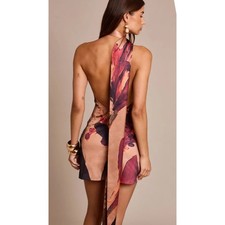 PrettyLittleThing Satin Mini Dress Womens 0 Burnt Orange Floral Halter Backless