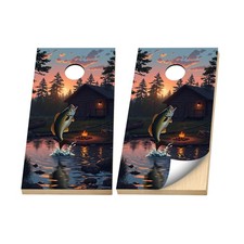 Premium Cornhole Vinyl Wraps - 3M Decal- Hunting - Largemouth Bass Cabin, Lake