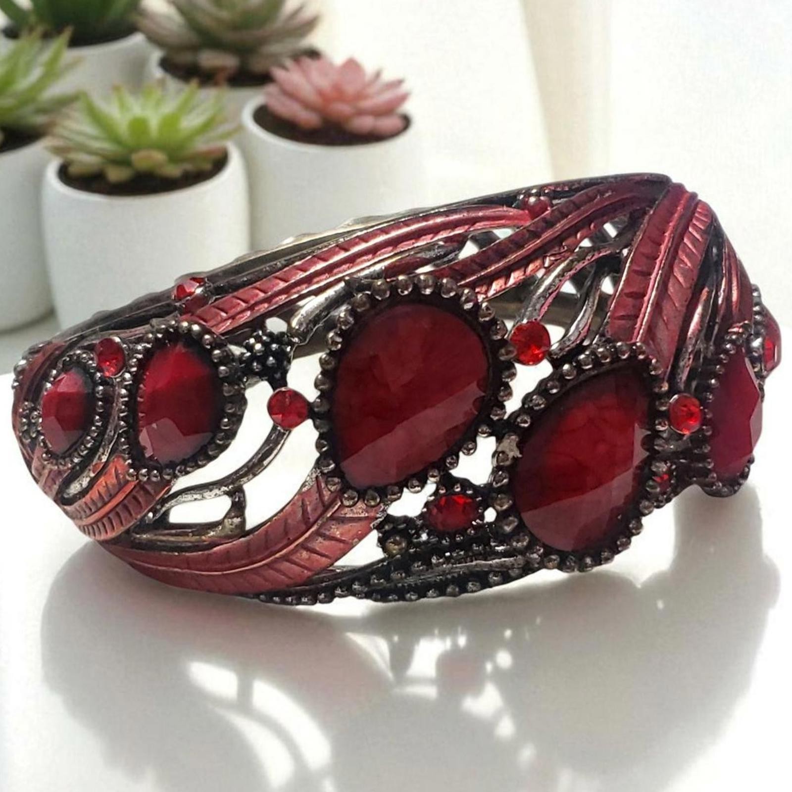 Ruby Red Bracelet – Hinge Clasp, Ornate Filigree … - image 1