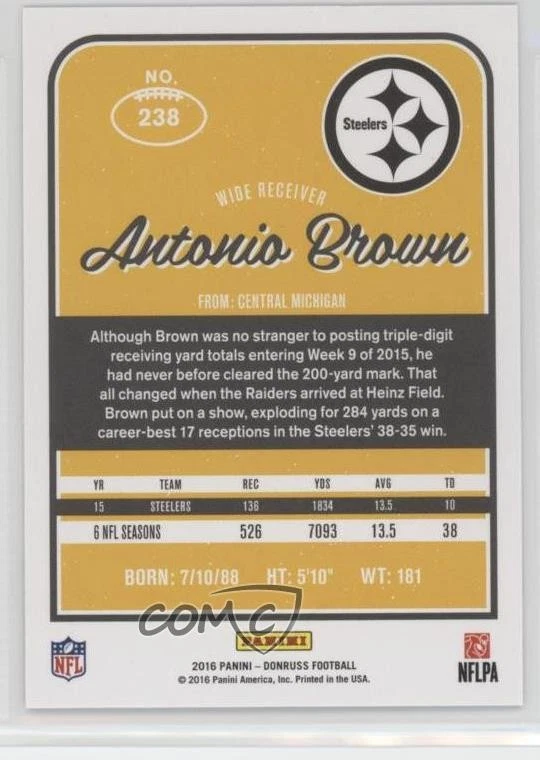 2016 Donruss Press Proof Black /10 Antonio Brown #238 - Image 2 of 2