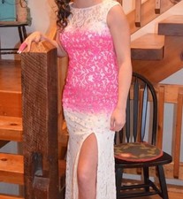 Pink White Lace Sequin Maxi Gown Sleeveless Scoop Neck Slit Backless Floral