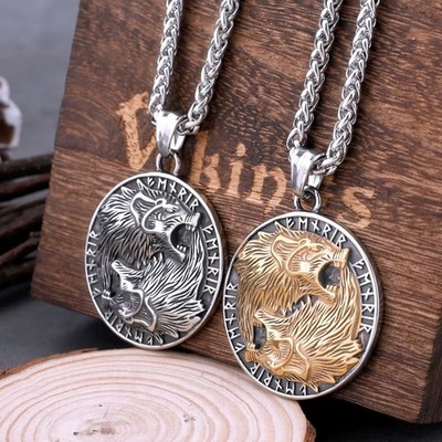 Fenrir Wikinger Halskette   Odin Wolf Vegvisir Runen Amulett Edelstahl Biker