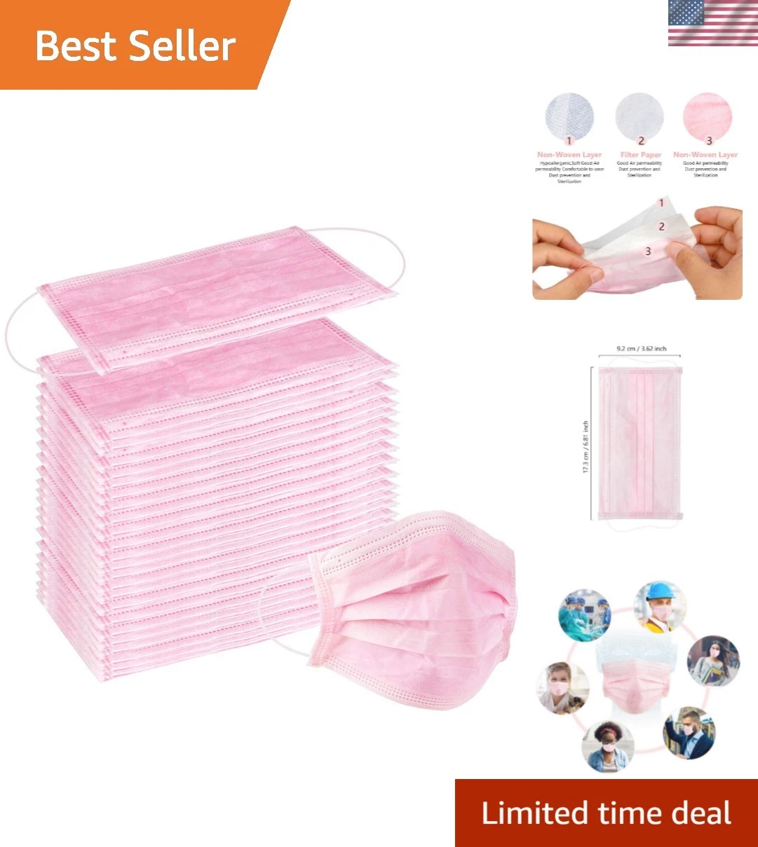 100 Pcs Disposable 3 Ply Earloop Face Masks, Suitable for Home, School, Offic...