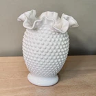 Vintage Fenton White Milk Glass Hobnail 6 Inch Vase Ruffled Scalloped Rim
