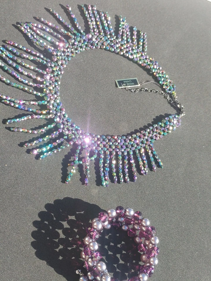 titanium tone beaded fringe necklace set green faux pearls Purple Bracelet - Imagem 3 de 4