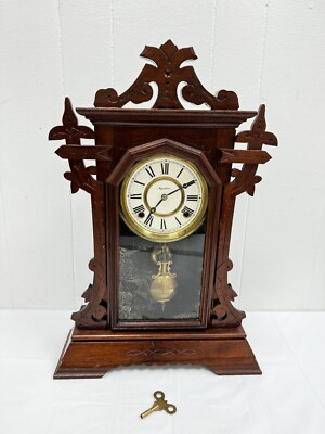 Vintage 8 Day Walnut Ingraham Parlor Clock W Hour Strike Niagara Glass Beautiful