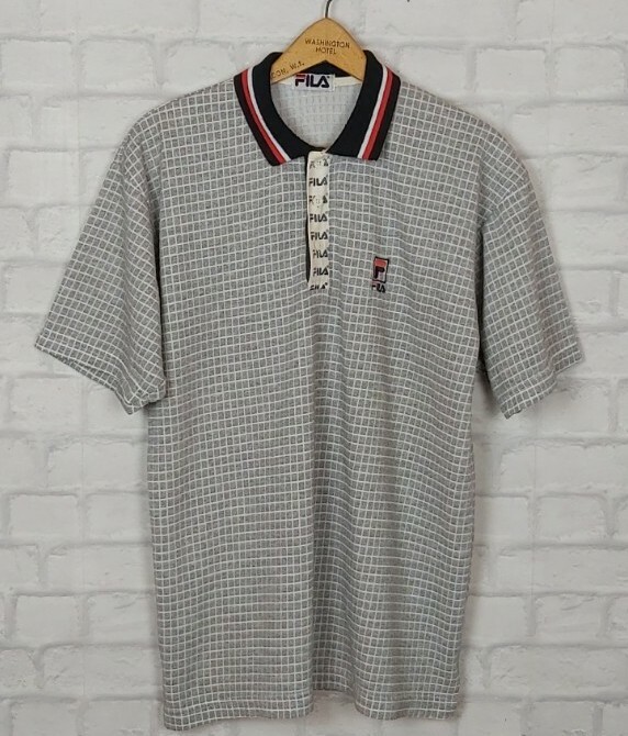VINTAGE RETRO FILA TSHIRT CHECK GREY POLO SHIRT B TOP SPORT 90S STREETWEAR