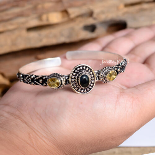 Bracelet de designer bohème créateur en argent sterling 925 noir onyx et citrine - Photo 1 sur 5