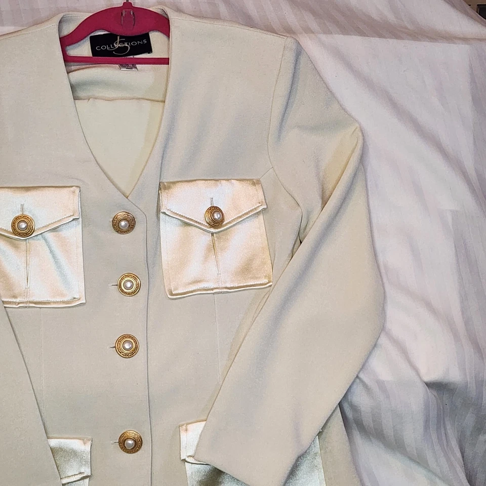 Conjunto de 2 piezas de traje falda blazer ropa de noche vintage de los 90 JS Collections encaje dorado S 4 Foto 3 de 4