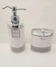 BELLA LUX Soap Pump Dispenser Toothbrush Holder White Ceramic Rhinestone Set