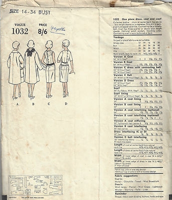 Patron De Couture Vintage Vogue Années 1960 - Modèle B34 Manteau, Robe Et Écharpe