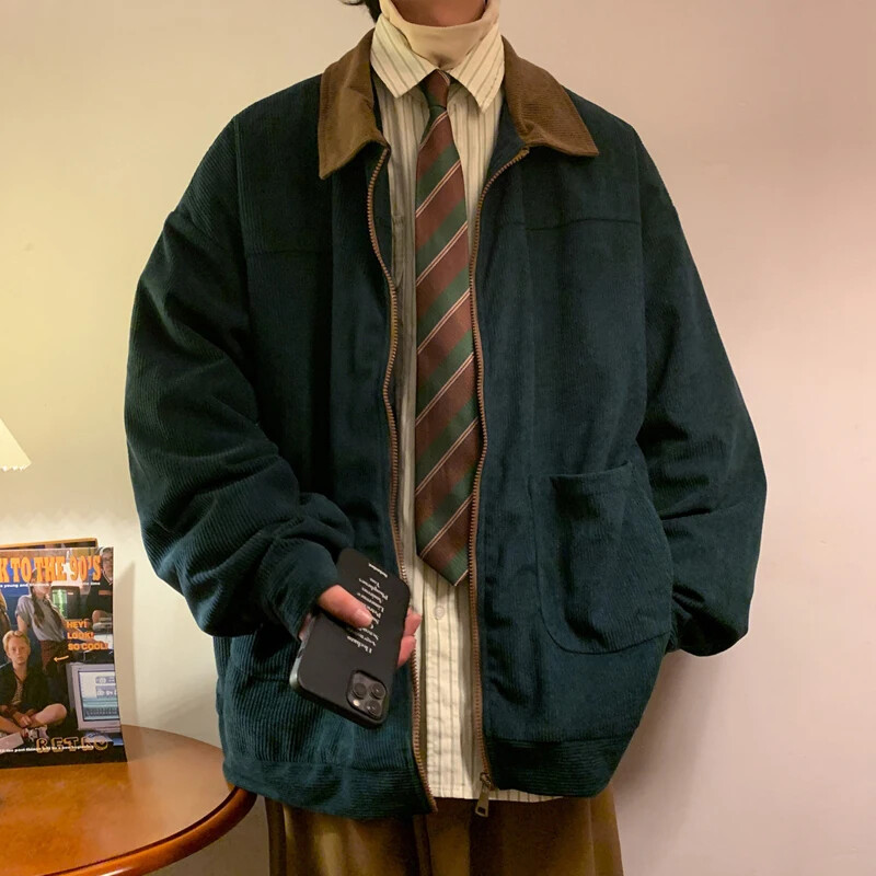 Vintage Men's Bomber Jacket Windbreaker Loose Cargo Coat for Autumn