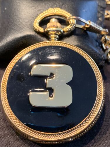 Dale Earnhart #3 Pocket Watch Gold Tone Black Enamel W/ Chain Quartz Vintage