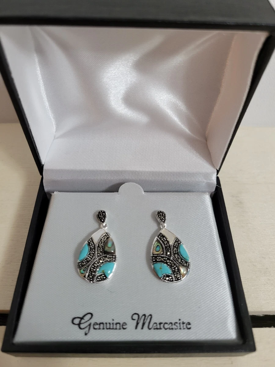 New Genuine Marcasite Earrings Le Vieux Turquoise Mother Pearl