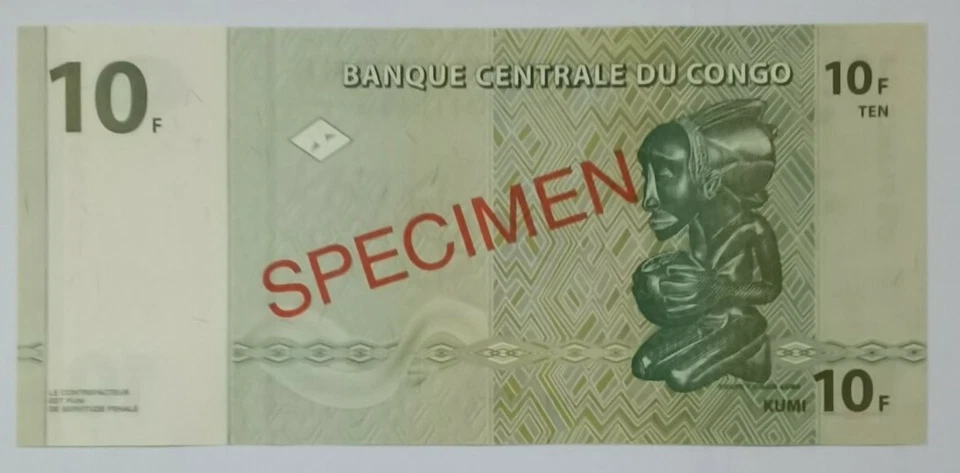 1997 CONGO DEMOCRATIC REPUBLIC 10 FRANCS "SPECIMEN" GEM UNC [P-87s]  - Image 4 of 4