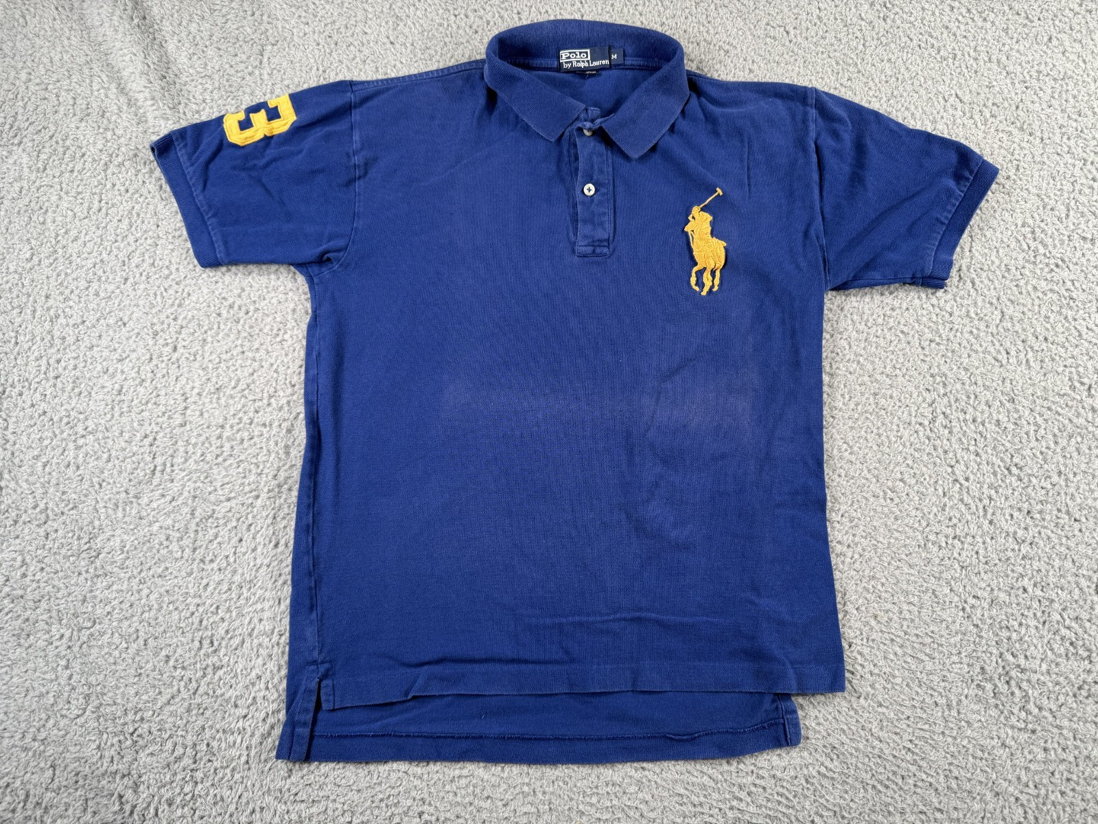 Polo Ralph Lauren camicia uomo blu medio giallo grande pony #3 manica corta logo