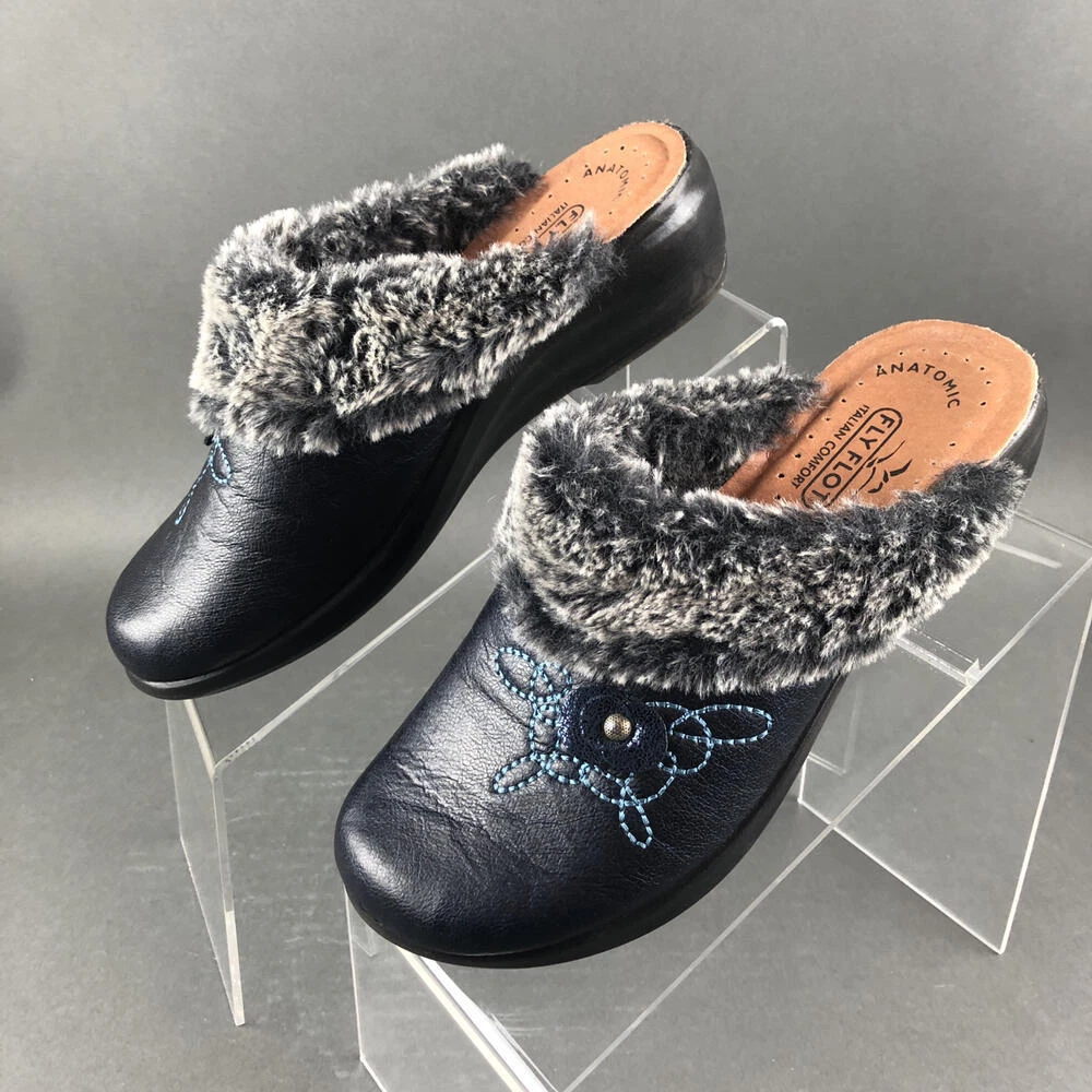 Fly Flot Womens Blue Clogs Mules Faux Fur Comfort Shoes Size 6.5