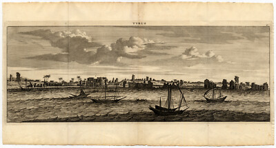 Antiker Druck-TYRUS-REIFEN-LIBANON-SCHIFFE-Le Brun-de Bruyn-1700