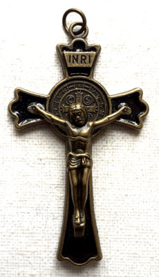 ST BENEDIKT KRUZIFIX Glückliches Todeskreuz MESSING & EMAILLE 3''