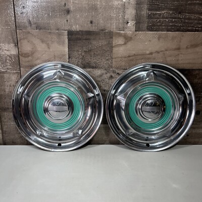 (2) Genuine 1958 Oldsmobile Super Dynamic 88 98 14'' Hubcap Wheel Cover Green OEM