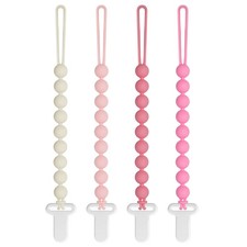 4 Pack Baby Pacifier Clips Pink A Food Grade Silicone Beaded 23cm Universal Fit