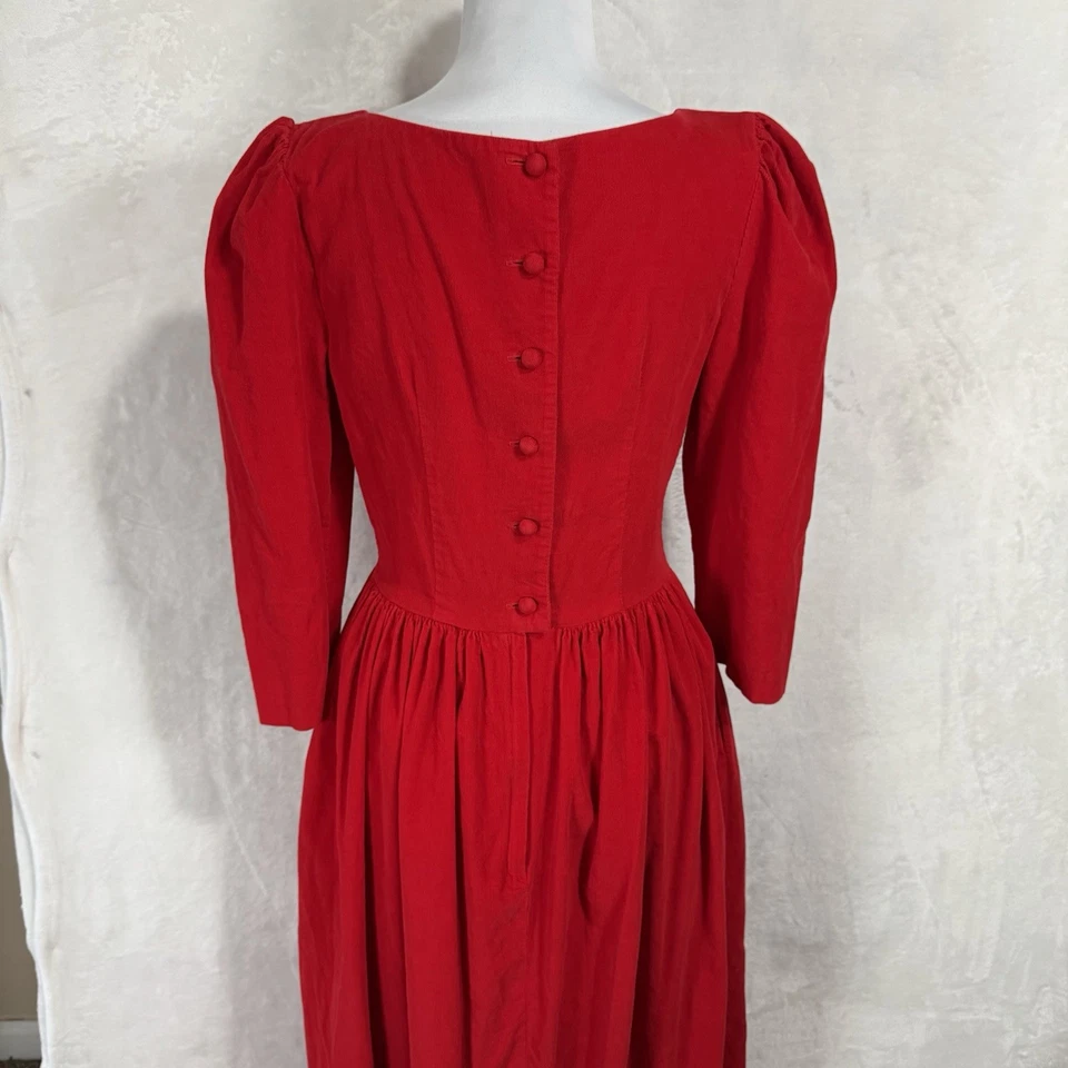 Vestido midi vintage manga abullonada pana talla 6 rojo botón trasero boho cottagecore Foto 4 de 4