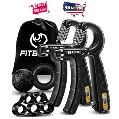 Hand Grip Strengthener Adjustable 5pc Set with Counter, Forearm Finger Exerciser