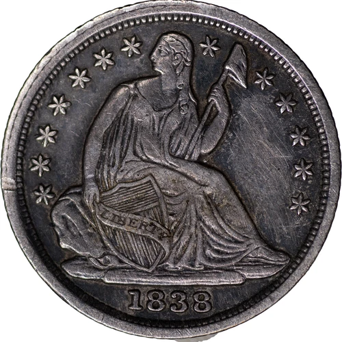 1838 5c Seated Liberty Half Dime - No Drapery, Large Stars ~ AU Details