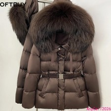 Women Winter Real Fur Collar 90 Duck Down Jacket Snap Button Cinched Waist Coat