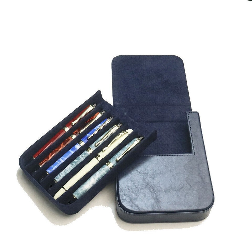 6 Slot Pen Case Leather Travel Fountain Pen Storage Box Crazy Horse Leather Hard Pen Holder with Detachable Tray Office Supplies