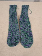Handmade Knit Socks Green Purple Variegated Textured Wool Blend Warm Winter