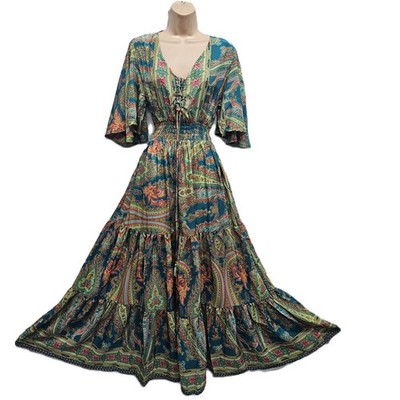 Sommerkleid fließend Full Flare Viskose Seide Mischung Taschen One Size 8 10 12 14 16
