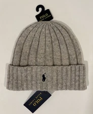Polo Ralph Lauren Logo Pony Gray Wool Knit Cuffed Beanie Hat Cap Men’s OS NWT