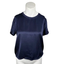 Nation Marie Satin Boxy Crop Top Women's Small in Midnight Blue Short Sleeve