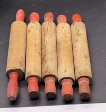 VINTAGE Primitive Toy Wooden ROLLING PINS/RED HANDLES Wood Lot Of 5