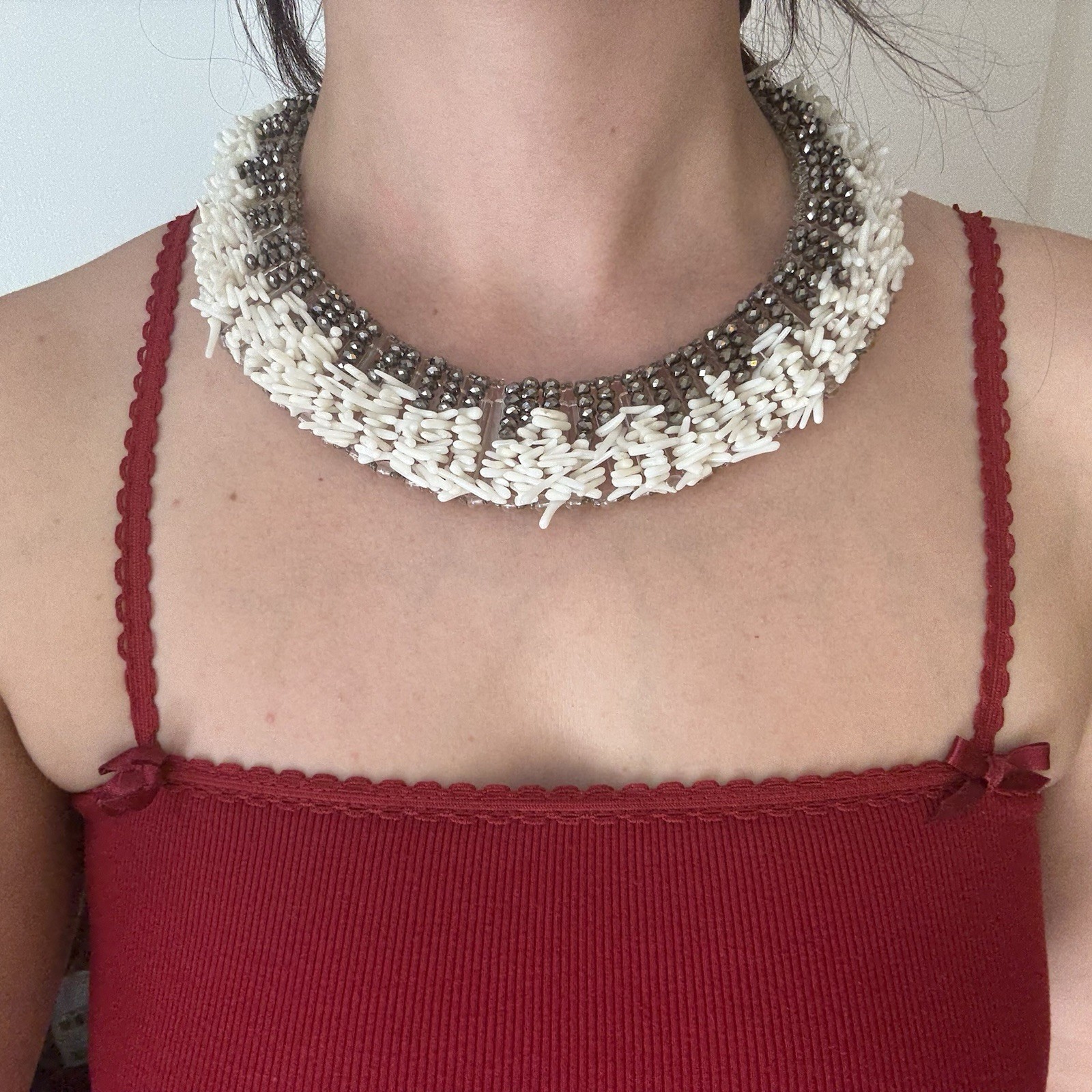 Flapper White Shell Rhinestone Vintage Collar Nec… - image 3