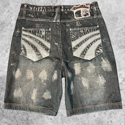 Raw Blue Denim Shorts Black Grey Acid Wash Distressed Baggy Jorts Y2K