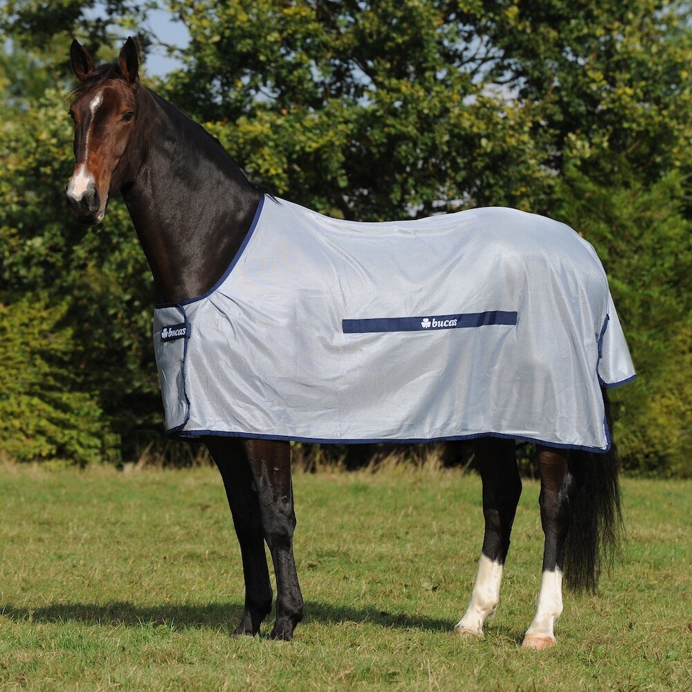 Couverture Anti-Mouches Bucas Buzz Off Full Neck Taille 81 - Argent/Bleu Marine - Neuf Pour Cheval