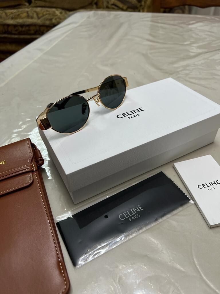 Celine Gold Metal Oval Sunglasses with Black Lenses Celine CL40235U 30N Triomphe Metal Oval Sunglasses Gold  main image 3
